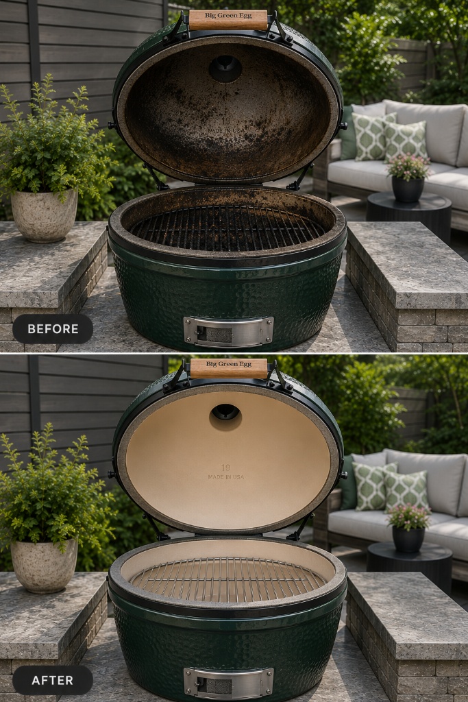 Big Green Egg ceramic grill before and after professional cleanout and restoration