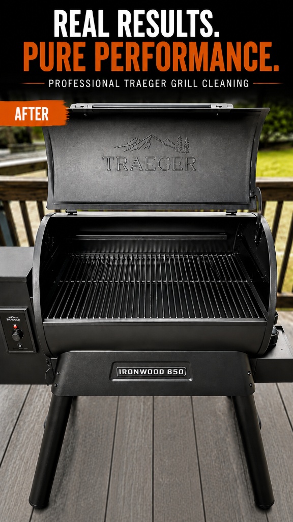 Traeger grill after Pure Grate professional cleaning with restored clean grates and interior